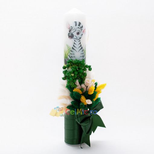 Lumanare botez cu flori uscate si spice de grau, Zebra, Verde, 35x6 cm - LPB-311