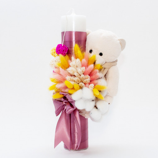 Lumanare botez cu flori uscate, spice de grau si jucarie Ursulet aplicata, Roz Pudra, 35x5 cm - LPB-260