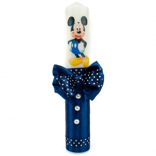 Lumanare botez cu imprimeu Mickey Mouse, panglica bleumarin si funda cu buline - 35x5 cm - LPB-198