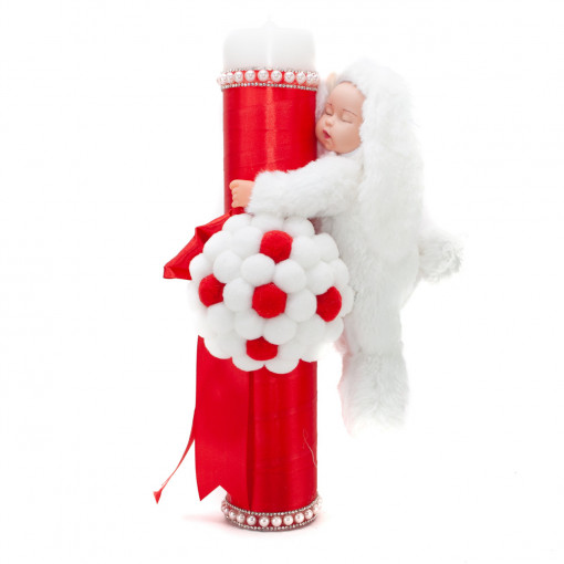 Lumanare botez cu panglica rosie si funda- Iepuras- 35x7 cm- LPB-221