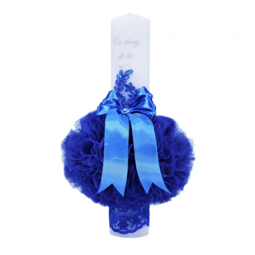 Lumanare botez cu tulle albastru electric, funda si broderie - "Cu drag de la Nasi" - 40x7 cm - LPB-150