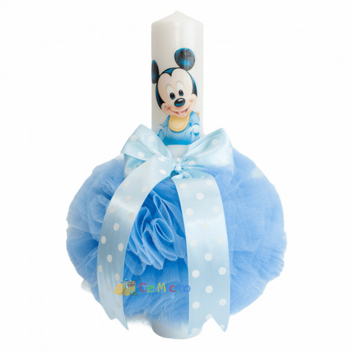 Lumanare botez cu tulle bleu si funda cu buline - Mickey Mouse - 30x5 cm - LPB-97