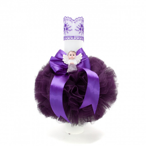 Lumanare botez cu tulle si panglica mov- Ingeras- 35x5 cm- LPB-212