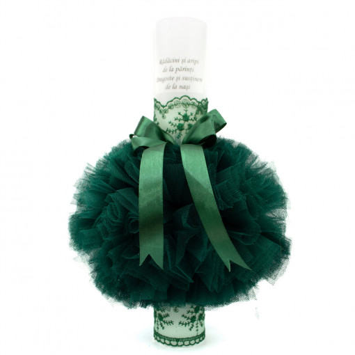 Lumanare botez cu tulle verde si funda turcoaz - "Radacini si aripi" - 35x5 cm - LPB-131