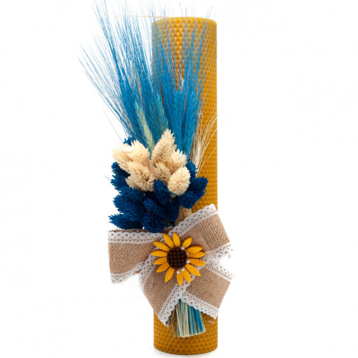Lumanare botez din ceara naturala cu flori uscate si spice de grau bleumarin-crem, 35x5 cm- LPB-194