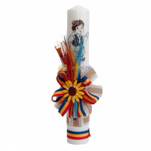 Lumanare traditionala botez cu imprimeu taranus, panglica tricolora si spice de grau colorate - 35x5 cm- LPB-74