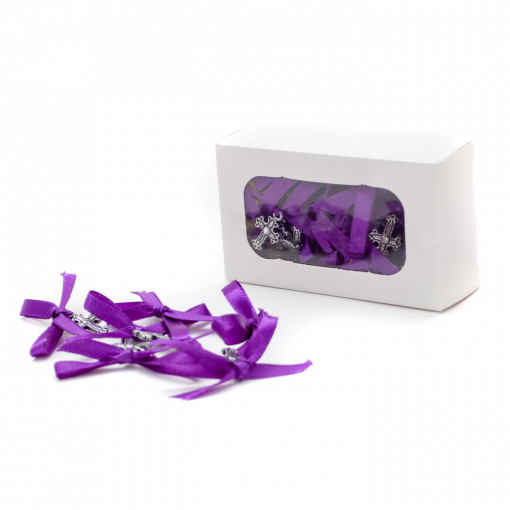 Set 30 marturii pentru botez, cruciulite din plastic cu funda mov - MPB-13