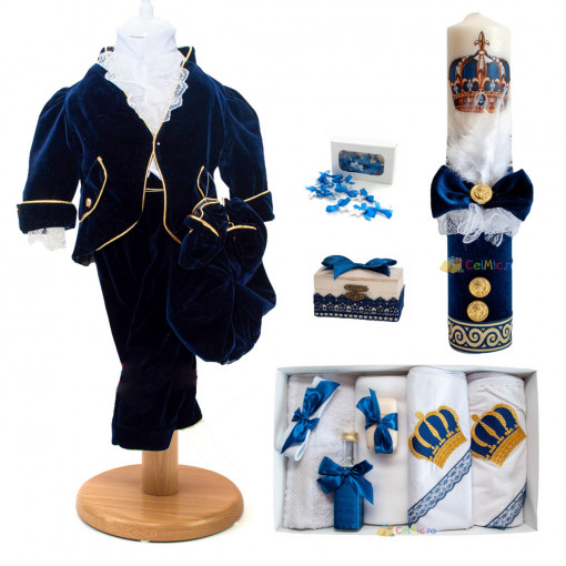 Set Botez Complet, Lumanare invelita in catifea, Trusou 7 piese, Cutiuta suvita, Marturii si Costum Botez, Oliver, Bleumarin - SBC-10