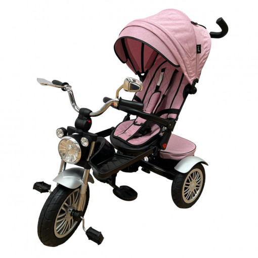 Tricicleta tip moto cu far, pozitie de somn si scaun rotativ, Roz - TMR-45-roz