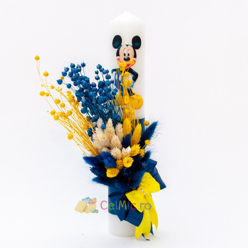 Lumanare botez cu flori uscate si spice de grau, Mickey, Albastru electric, 35x6 cm - LPB-308