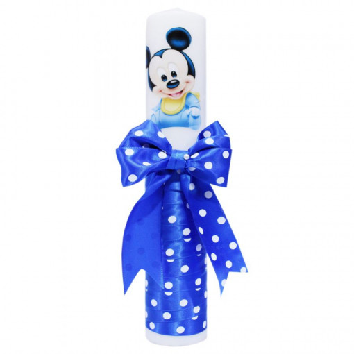 Lumanare botez cu imprimeu Mickey Mouse, funda si panglica albastra cu buline - 30x5 cm - LPB-64