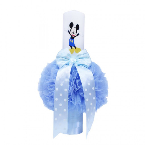 Lumanare botez cu tulle bleu si funda cu buline - Mickey Mouse - 40x7 cm - LPB-117
