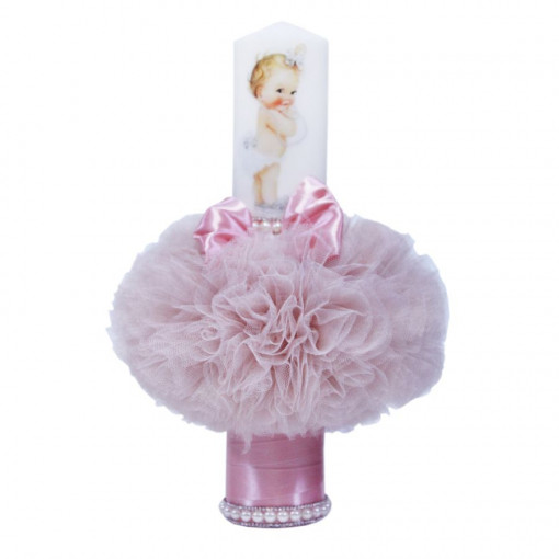Lumanare botez cu tulle roz pudrat deschis si perle albe - Bebe Printesa - 35x7 cm - LPB-164