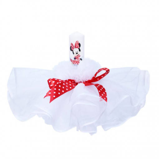 Lumanare botez cu volane albe si funda rosie cu buline - Minnie Mouse - 30x5 cm - LPB-112