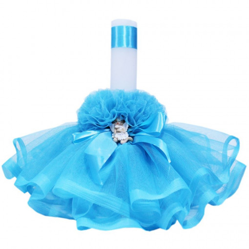 Lumanare botez cu volane din tulle si funda turcoaz - Ingeras - 30x5 cm - LPB-102