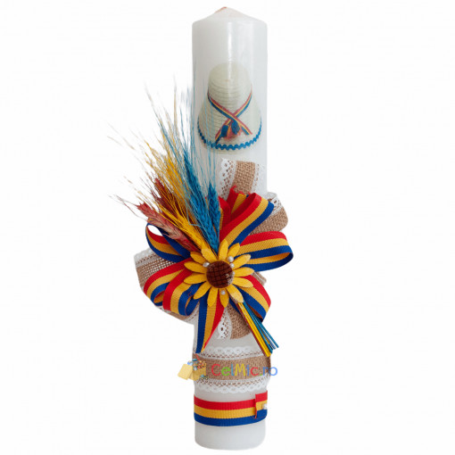 Lumanare traditionala botez cu imprimeu clop traditional, panglica tricolora si spice de grau colorate - 35x5 cm- LPB-71