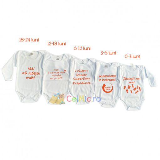 Set 5 body bebelusi cu imprimeu, Bumbac 100%, 0-24 luni, Mesaje Imprimate, Alb-Portocaliu - BBM-21