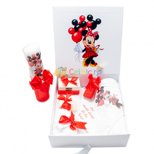 Set Botez Personalizat Trusou 8 piese + Lumanare - "Cu drag de la nasi" - Minnie, Rosu - SPB-53