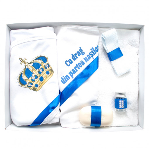Trusou botez cu 6 piese personalizat cu broderie - "Cu drag din partea nasilor"- Coroana albastra- TPB-107