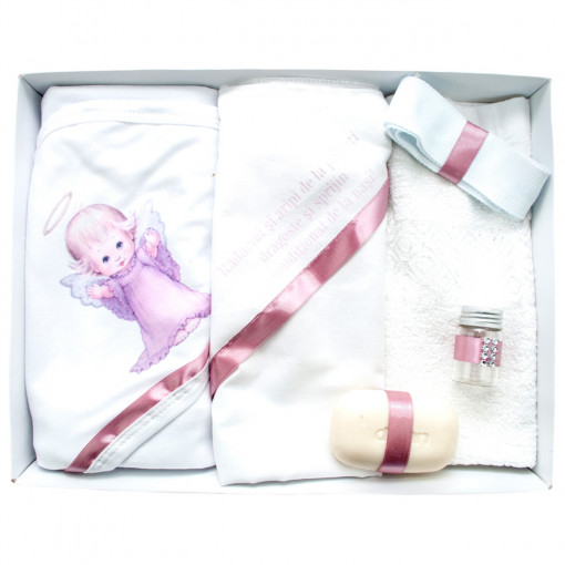 Trusou botez cu 6 piese personalizat cu broderie - "Radacini si aripi"- Inger Roz pudra- TPB-115