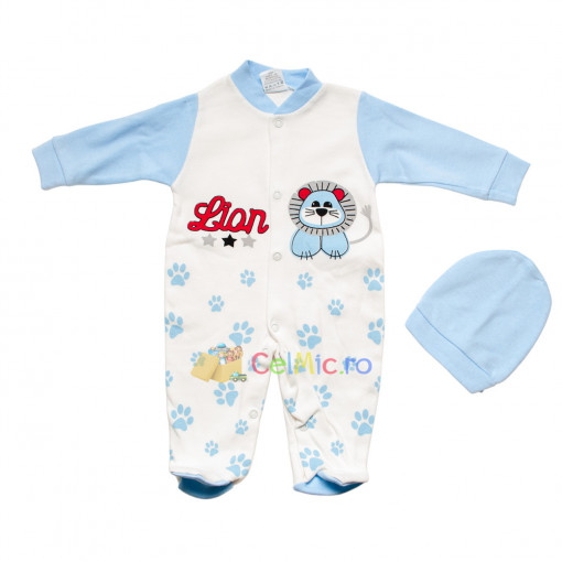 Body bebelusi tip salopeta + Caciula, Bumbac 100%, 0-3 luni, Leu Bleu- BBM-06