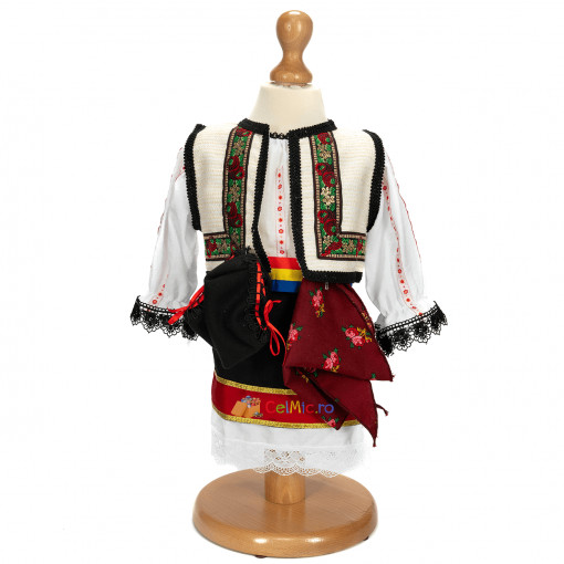 Costum popular pentru fetite cu vesta, batic si opinci - 6 piese - Alb-Negru - RTF-14