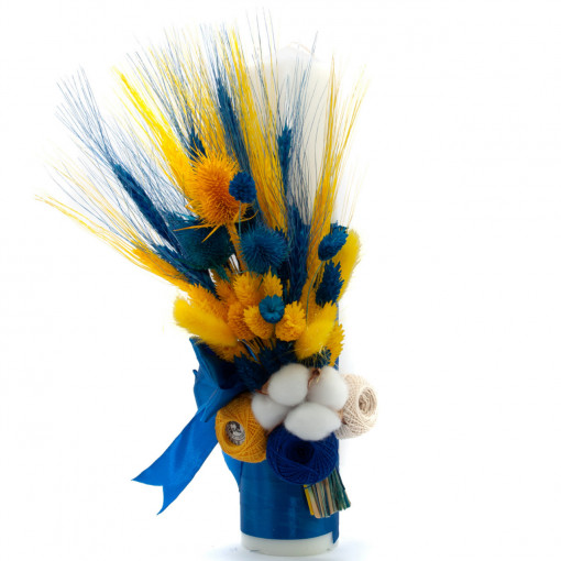 Lumanare botez cu flori uscate si spice de grau, Albastru, 35x5 cm- LPB-187