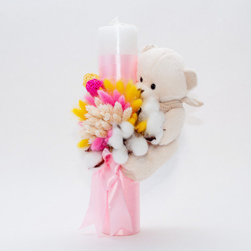 Lumanare botez cu flori uscate, spice de grau si jucarie Ursulet aplicata, Roz, 35x5 cm - LPB-258