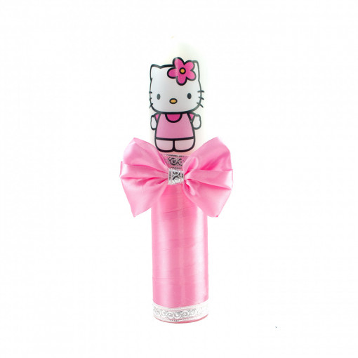 Lumanare botez cu panglica roz si funda- Hello Kitty- 30x6.5 cm- LPB-237