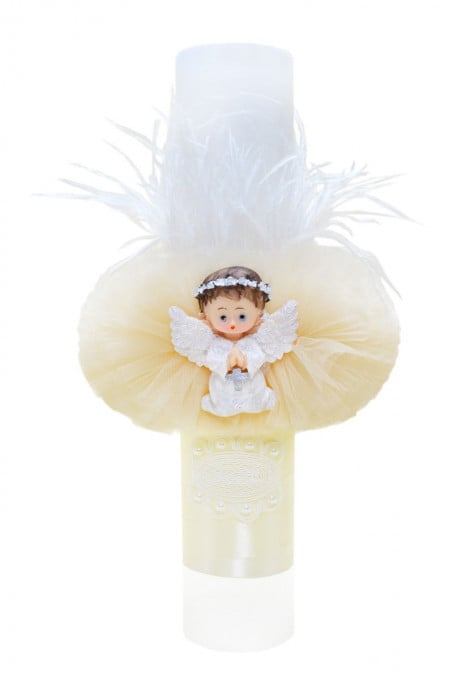 Lumanare botez cu tulle crem si pene albe - Ingeras - 35x6 cm - LPB-06