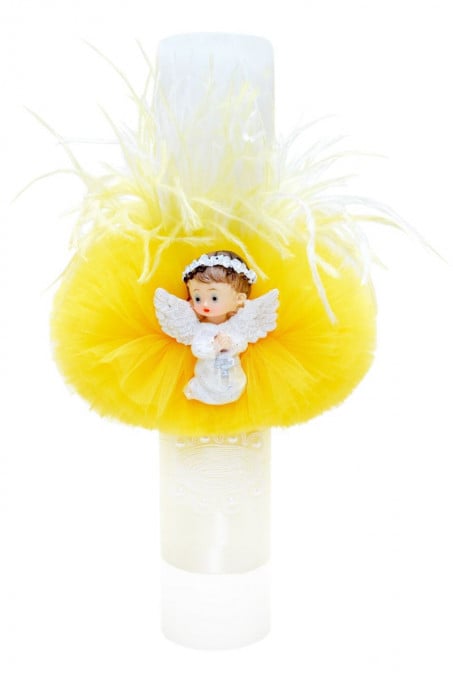 Lumanare botez cu tulle galben si pene alb-galbene - Ingeras - 35x6 cm - LPB-03