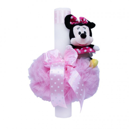 Lumanare botez cu tulle roz deschis si funda cu buline - Jucarie Minnie Mousse aplicata - 35x5 cm - LPB-141