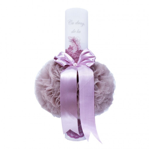 Lumanare botez cu tulle roz pudrat, funda si broderie - "Cu drag de la Nasi" - 40x7 cm - LPB-155