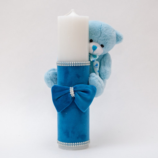 Lumanare botez invelita in catifea cu jucarie ursulet atasat - Bleu - 30x7 cm - LPB-249