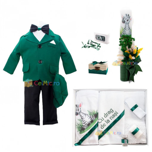 Set Botez Complet, Lumanare botez cu flori uscate, Trusou 6 piese, Cutiuta suvita, Marturii si Costum Botez, Zebra, Verde - SBC-13