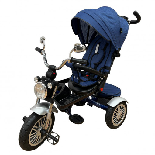 Tricicleta tip moto cu far, pozitie de somn si scaun rotativ, Albastra - TMR-45-albastru