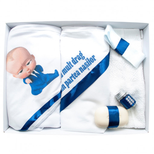 Trusou botez cu 6 piese, Alb, personalizat cu broderie- "Cu drag din partea nasilor"- Bebe Sef Albastru- TPB-103