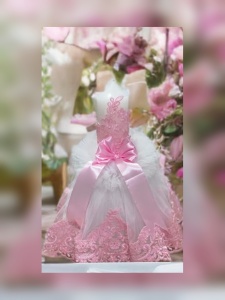 Lumanare botez roz cu dantela si funda satinata | Personalizabila cu nume si data | 35x6 cm | LPB-327
