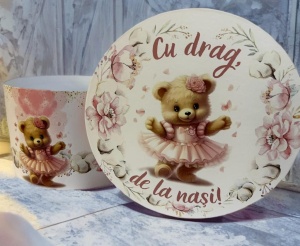Cutie trusou botez colorata, 30x30 cm, Ursulet,Roz - CPT-34
