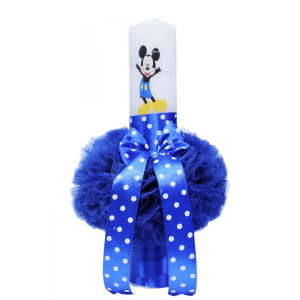 Lumanare botez cu tulle albastru electric si funda cu buline - Mickey Mouse - 40x7 cm - LPB-114