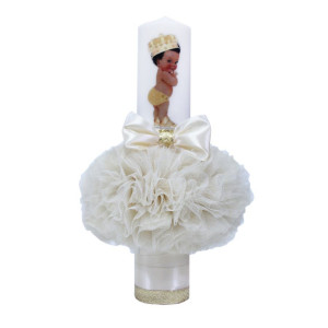 Lumanare botez cu tulle si funda ivoire - Bebe Print - 35x7 cm - LPB-160