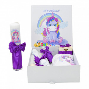 Set Botez Personalizat Trusou 8 piese + Lumanare - "Cu drag de la nasi" - Unicorn, Mov - SPB-55