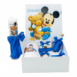 Set Botez Personalizat Trusou 8 piese + Lumanare - "Cu drag de la nasi" - Mickey Ursulet, Albastru Electric - SPB-57