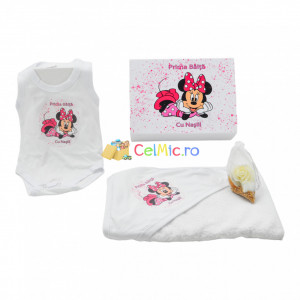 Set de baie "Prima Baita" pentru bebelusi, cu 4 piese, din bumbac, imprimat cu Baby Minnie, Roz - SDB-19