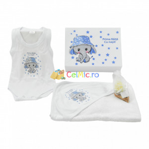 Set de baie "Prima Baita" pentru bebelusi, cu 4 piese, din bumbac, imprimat cu Elefantel, Bleu - SDB-22