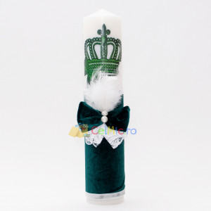 Lumanare botez cu catifea, papion, dantela si puf alb - Coroana Regala, Verde, 35x7 cm - LPB-287