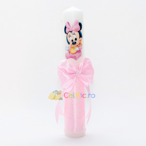 Lumanare botez cu panglica cu buline, funda si margele - Minnie, Roz, 35x5 cm - LPB-284
