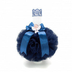 Lumanare botez cu tulle si panglica bleumarin - Ingeras- 35x5 cm- LPB-215