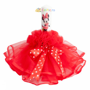Lumanare botez cu volane rosii si funda cu buline - Minnie Mouse - 30x5 cm - LPB-111
