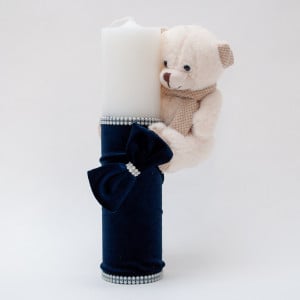 Lumanare botez invelita in catifea cu jucarie ursulet atasat - Bleumarin - 30x7 cm - LPB-250
